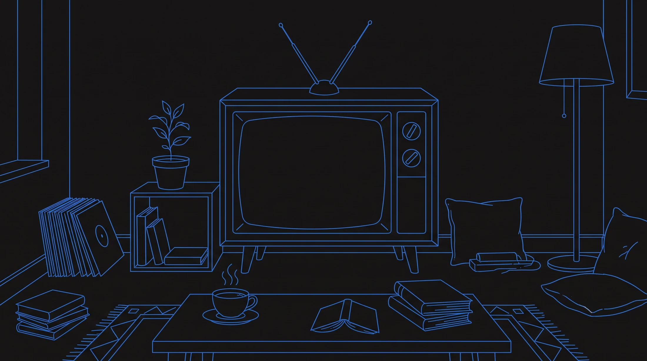 Illustration au trait bleu : une vieille télévision à antennes dans un salon cosy, avec table basse, thé fumant, livres et bac à vinyles.