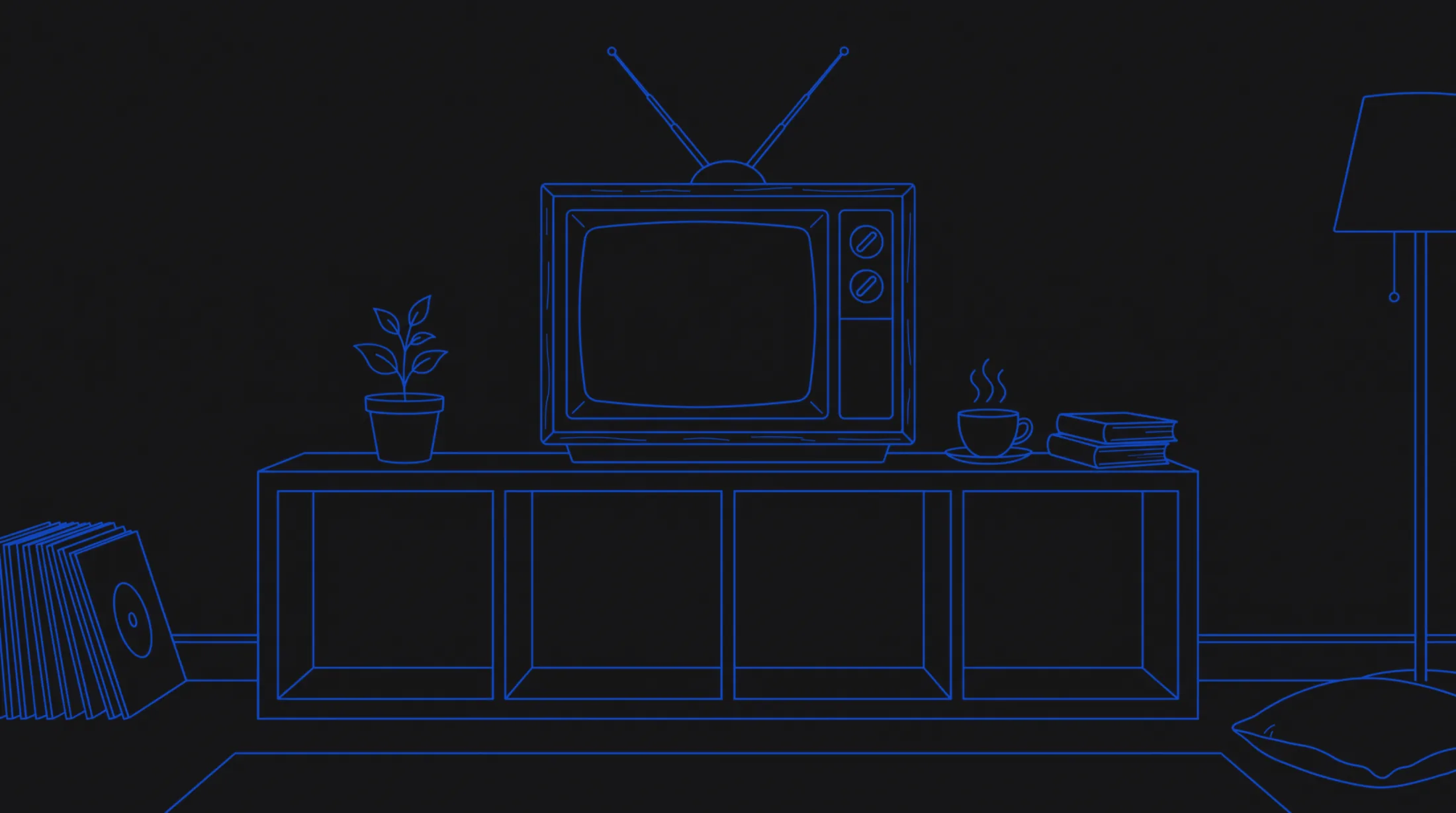 Illustration au trait bleu : une vieille télévision à antennes posée sur un meuble à cases pour vinyles, avec une plante, une tasse de thé fumante, des livres, une pile de disques et un lampadaire.